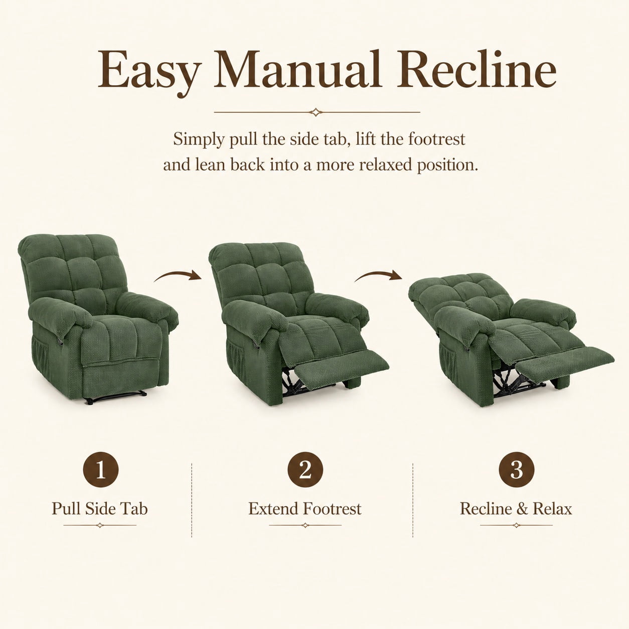 Miniyam Overstuffed Recliner Chair with Plush Armrests, Adjustable Ergonomic Recliner, 105° to 165° Reclining, Green