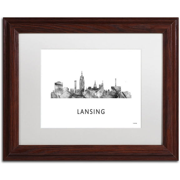 Trademark Fine Art 'Lansing Michigan Skyline WB-BW' Canvas Art by Marlene Watson, White Matte, Wood Frame