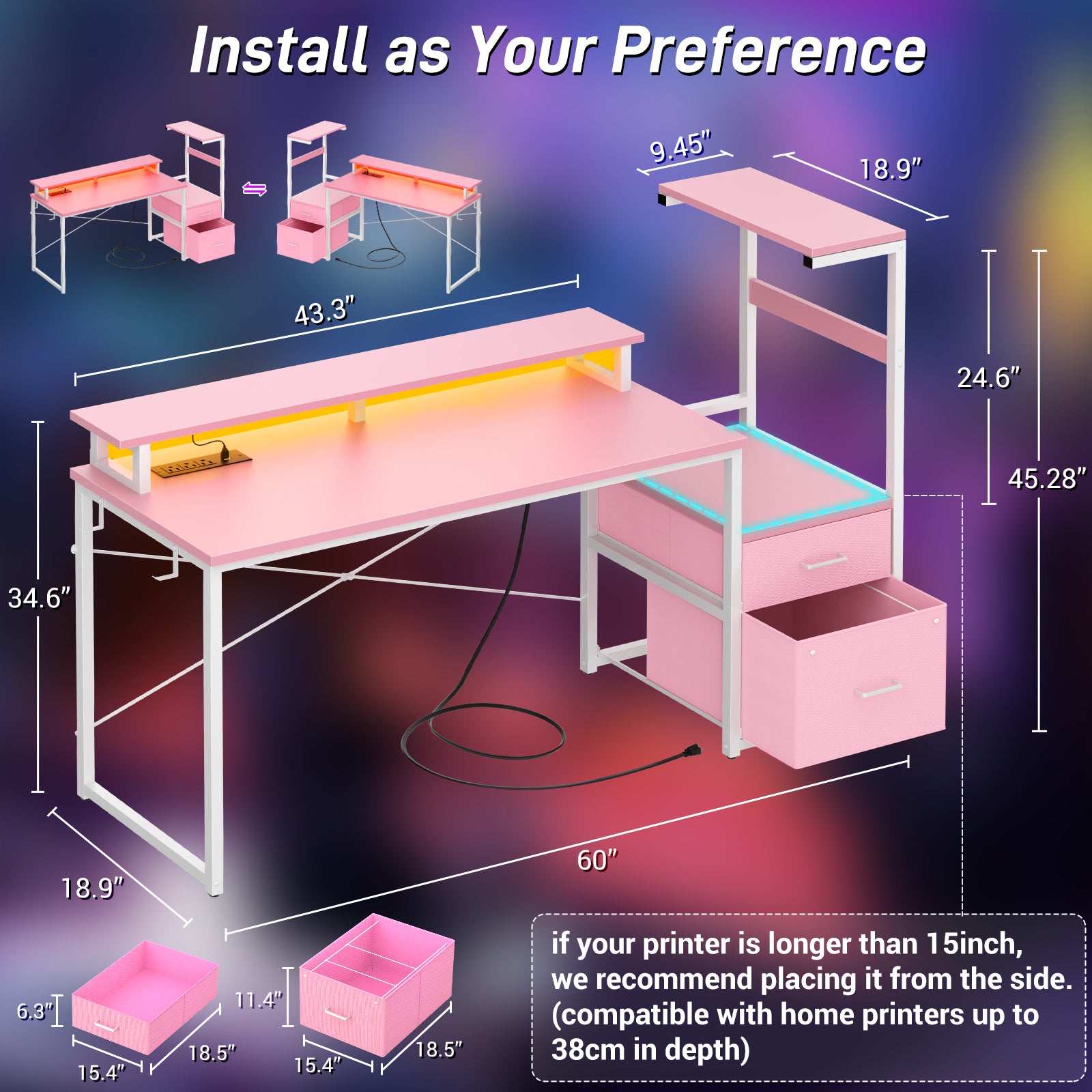 Homieasy Gaming Desk with LED Light Strip and Power Outlet, 59 Inch Reversible Computer Gaming Desk with Monitor Stand & Drawers, Pink