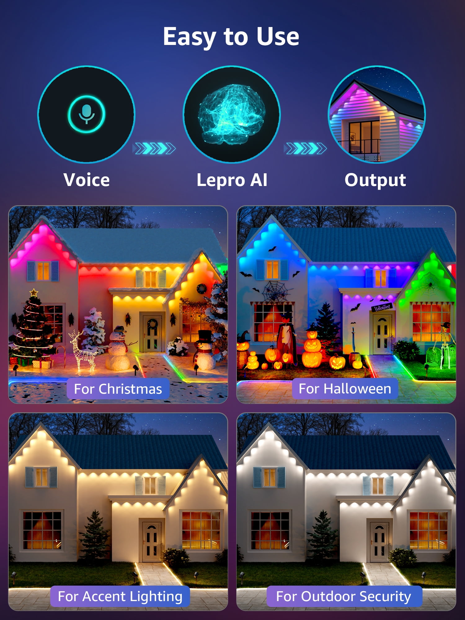 Lepro E1 AI Permanent Outdoor Lights 150FT, Smart RGB+IC Color Changing LED Eaves Lights APP Control Work with Alexa&Google Assistant (2.4 GHz WiFi), Waterproof for House, Halloween Christmas Decor