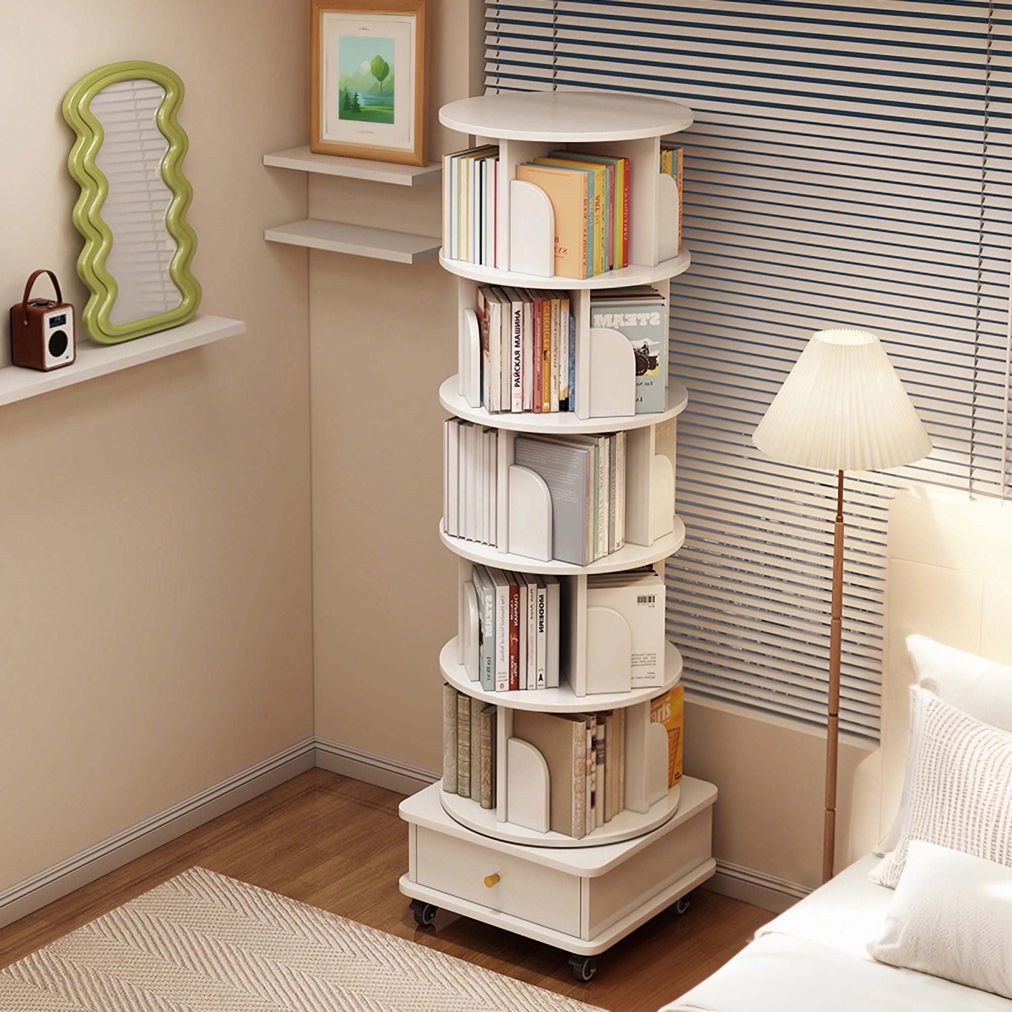 Jopath 6 Tier Rotating Bookshelf, 360° Display Round Spinning Bookshelf with Wheels and Drawer, Space-Saving, Small Space Rotating Bookshelf Tower for Bedroom,Office, Warm White