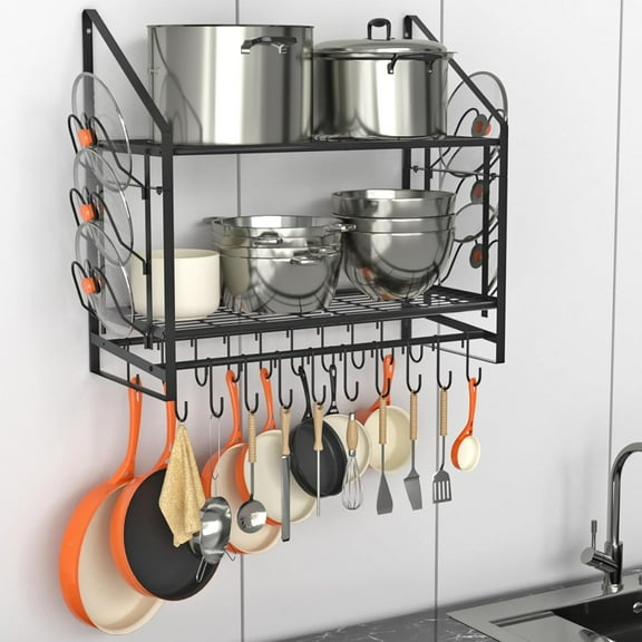 35 Inch Pot Rack Wall Mounted, 2 Tier Pots and Pans Organizer with 20 Hooks and 6 Pot Lid Holders, Heavy Duty Steel Pot and Pan Hanger for Kitchen Cookware Utensils Storage 34.7" Lx13 Wx26.4 H