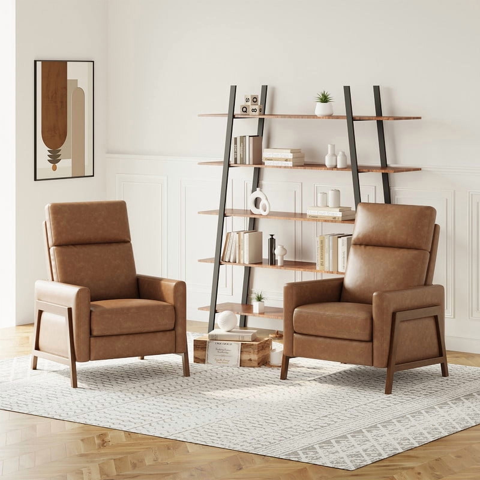 COLAMY Push Back Recliner Chair, Cocoa Manual Leather Recliner Accent Chair, Modern High Back Armchair with Padded Headrest and Solid Wood Frame for Bedroom, Nursery Chair