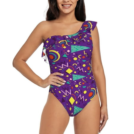 Coaee Retro 80s Style Women s One Piece Swimsuits One Shoulder Swimwear Asymmetric Ruffle Monokinis Bathing Suits - X-Large