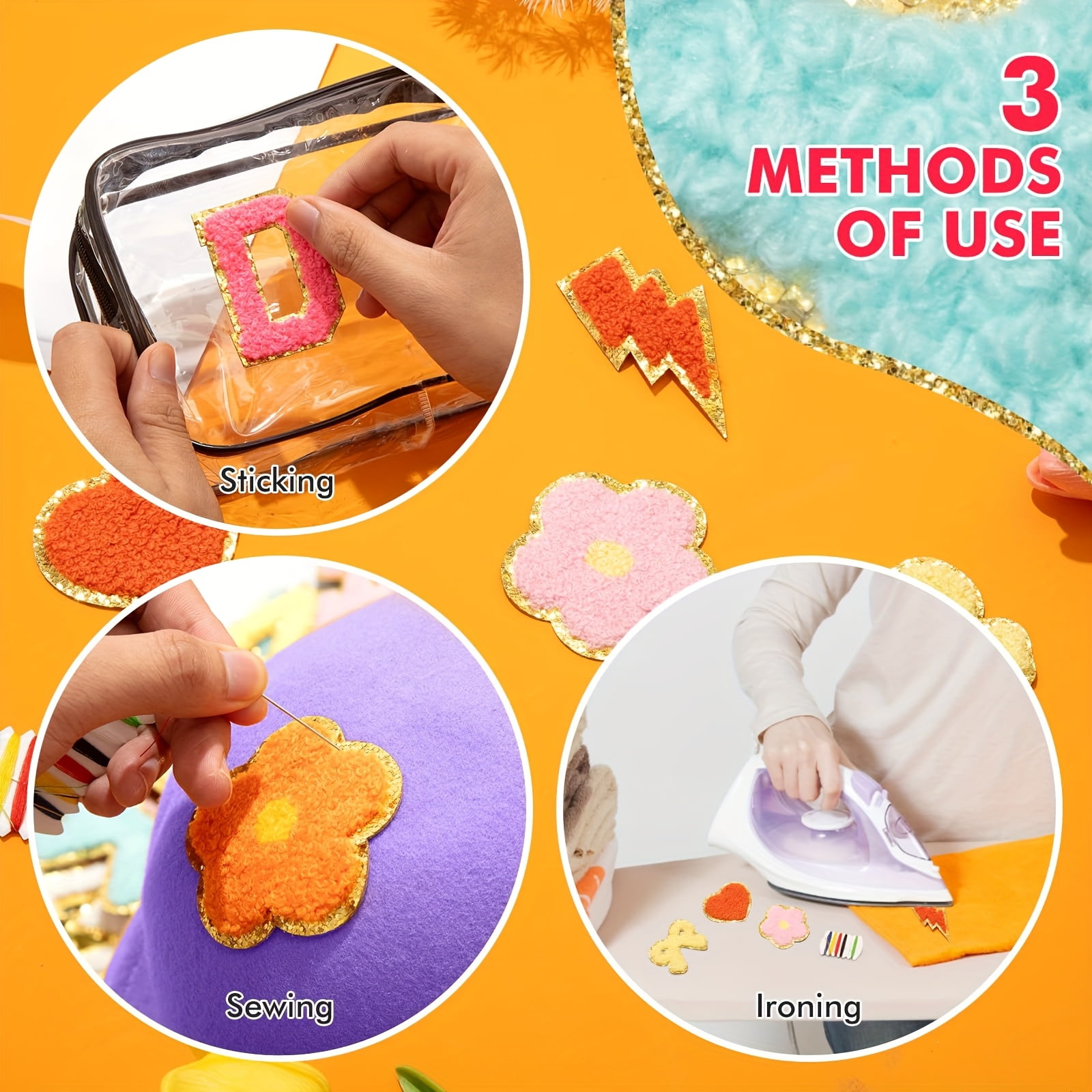 45 Pcs Chenille Iron-On Patches with Gold Edge - 9 Designs × 5 Colors (Stars Hearts Flowers Smileys Rainbows Cross Lightning Paw Prints Bows) for Hats Jackets Jeans DIY School Craft