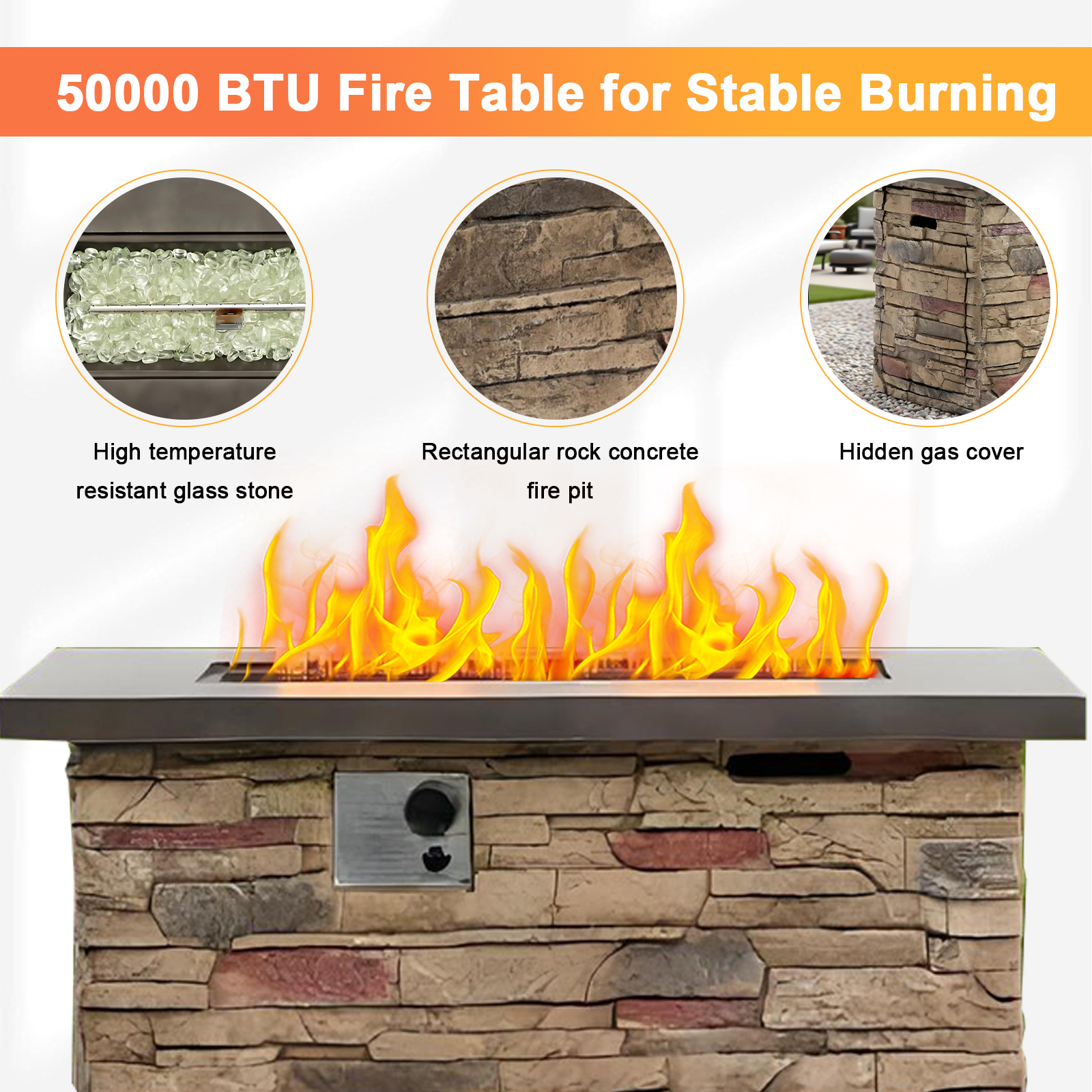 42" Propane Gas Fire Pit Table, 50000 BTU Rectangular Concrete Fire Pit for Outside Patio Deck Garden Backyard