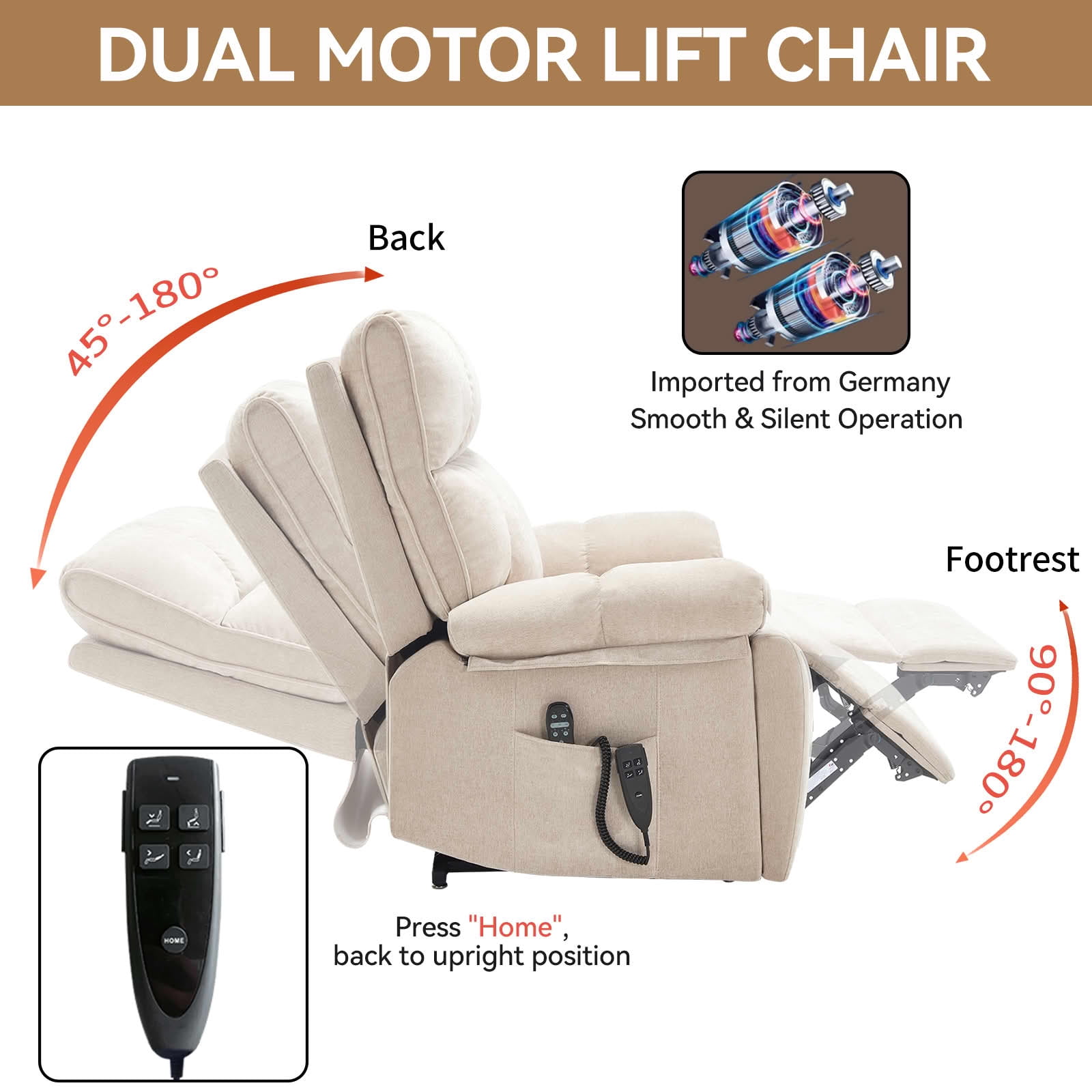 MAYEERTY Beige Dual Motor Power Lift Recliner, 350lbs Infinite Massage Heat Hidden Cup Holders Heavy Duty for Elderly 41"x37"x42"