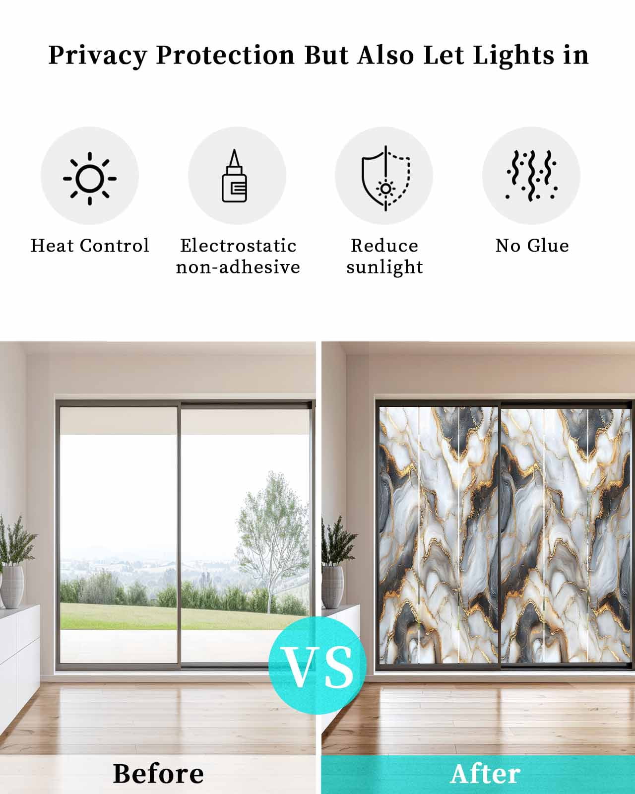 Window Privacy Film Black Golden Marble Stained Glass Window Film Decorative Sun Block Window Cover Modern Minimalism Abstract Window Clings Static Adhesive Sticker for Bathroom 29.5"x78.7"