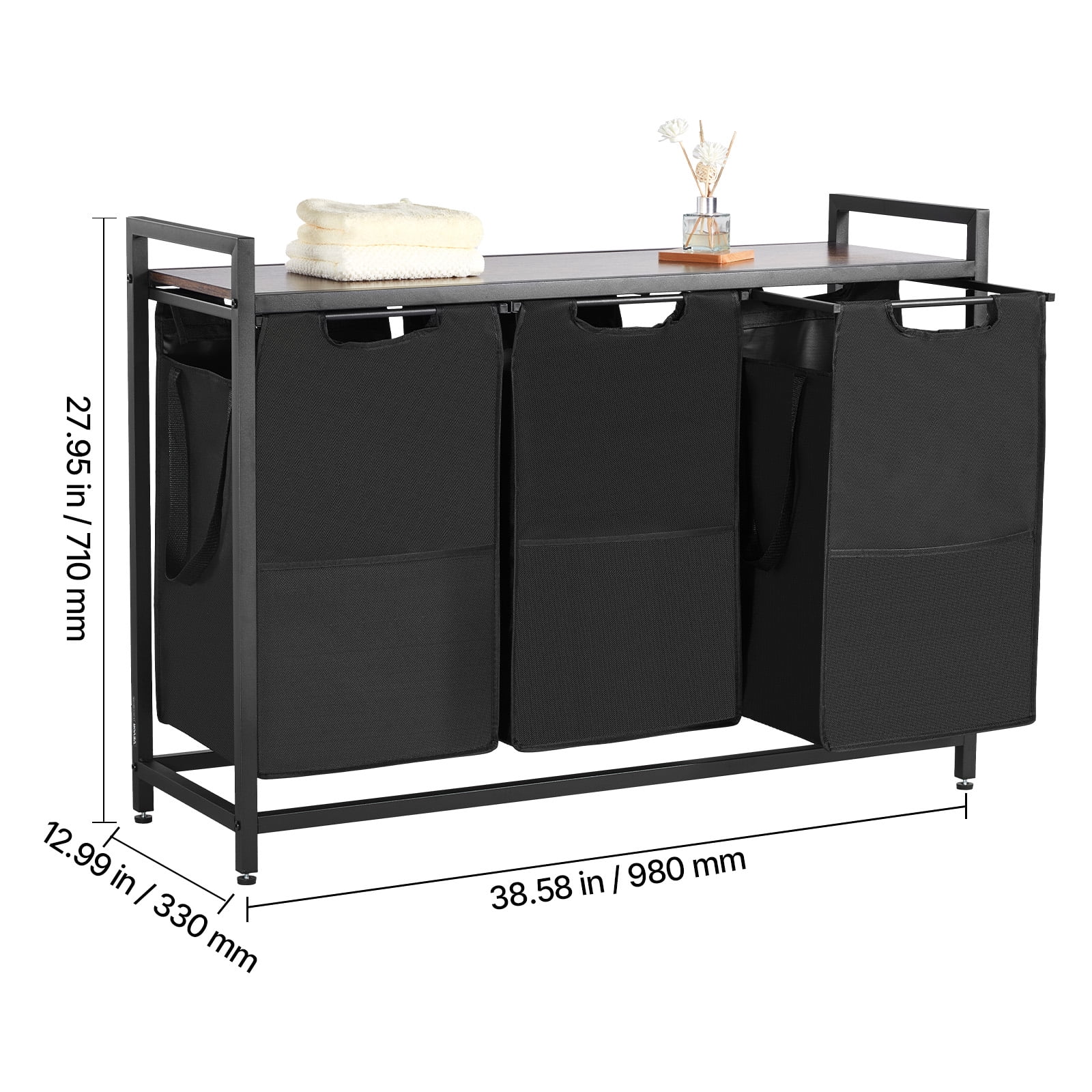 VEVOR 3 Section Laundry Sorter, Large Laundry Hamper with Metal Frame and Wooden Tabletop, Freestanding Storage Organizer Baskets with Pull-Out 600D Oxford Cloth Bags for Dirty Clothes, Bathroom