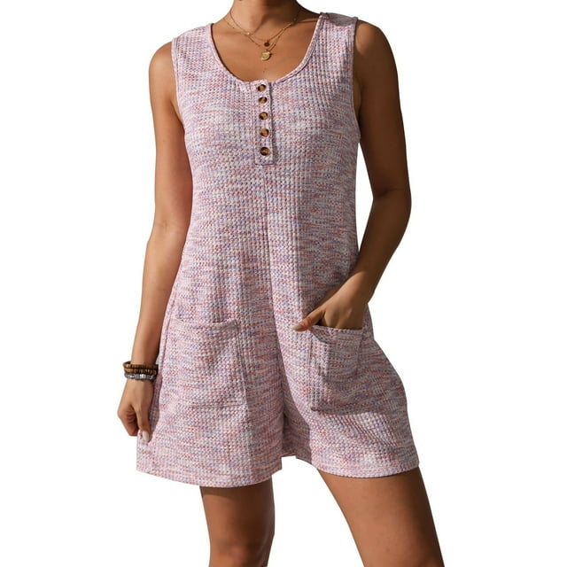Lenpel Women's Plus Size Rompers Summer Casual Scoop Neck Quarter Button Textured Sleeveless Jumpsuits Loose Short Overalls with Pockets