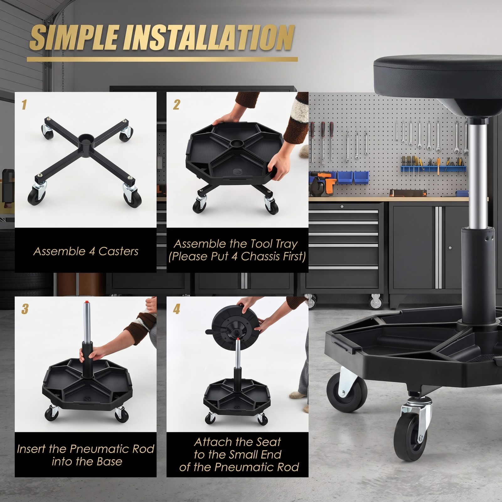 Biotree Pneumatic Rolling Mechanic Stool with Padded Seat, 330 LBS Capacity Height Adjustable Swivel Garage Shop Work Chair with Tool Tray and 4 Casters, Black