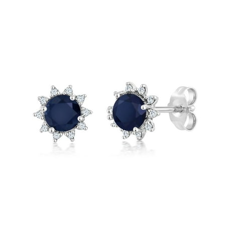 18K White Gold Diamond Stud Earrings Round 4mm Blue Sapphire 0.72 Ct