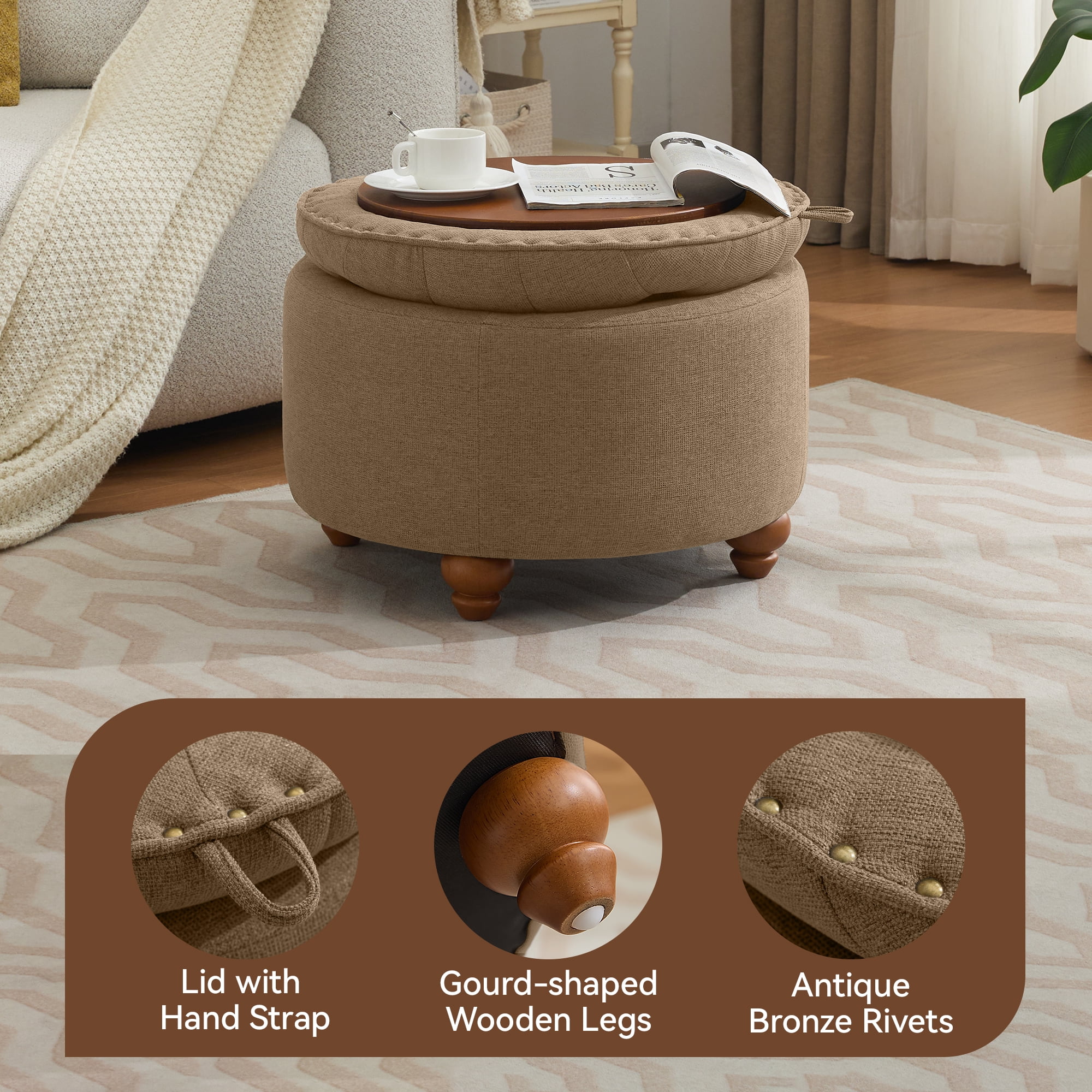 24'' Round Ottoman with Storage, Modern Tufted Fabric Storage Ottoman with Removable Top for Living Room, Bedroom, Brown