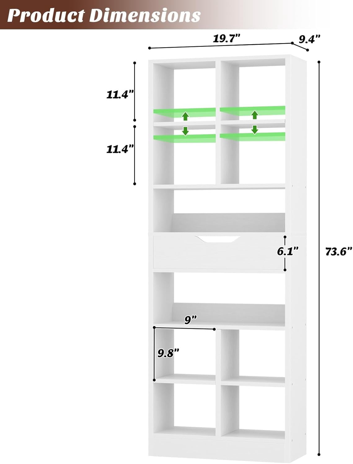 Homieasy 73.6''Tall 10-Cube Bookcase with Drawer and Adjustable Shelves(2-Piece Set), White