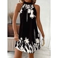 thumbnail image 3 of Black And White Womens Halter Neck Sleeveless A-Line Mini Dress With Floral Print, Elegant Summer Style, 3 of 6