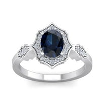 SuperJeweler 1 1/2 Carat Oval Shape Created Sapphire and Halo Diamond Ring In Sterling Silver For Women