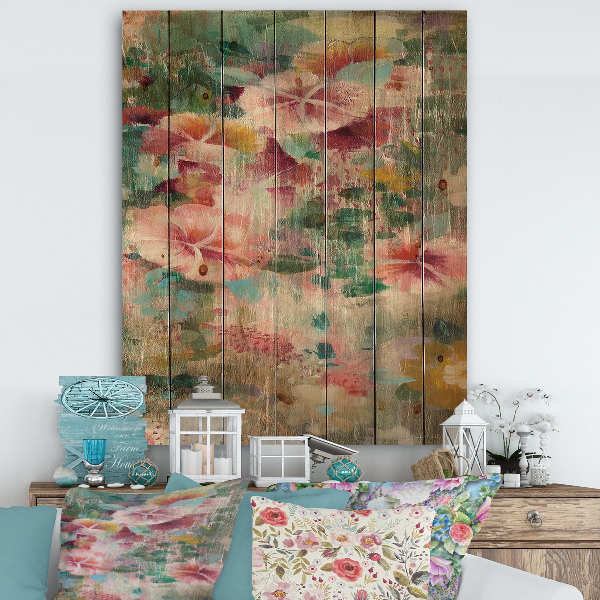 Designart 'Abstract Flower Shower III' Cabin & Lodge Print on Natural Pine Wood