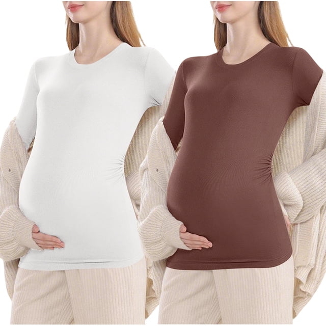 MeetoTime Vêtements de Maternité pour Femmes, Haut Uni à Col Rond à Manches Longues, Chandail de Base Mince pour la Grossesse