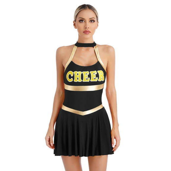 Haitryli Women's Adult Cheer Leader Uniform Fancy Dress Cheerleading Costume CHEER Print Bodysuit Black L