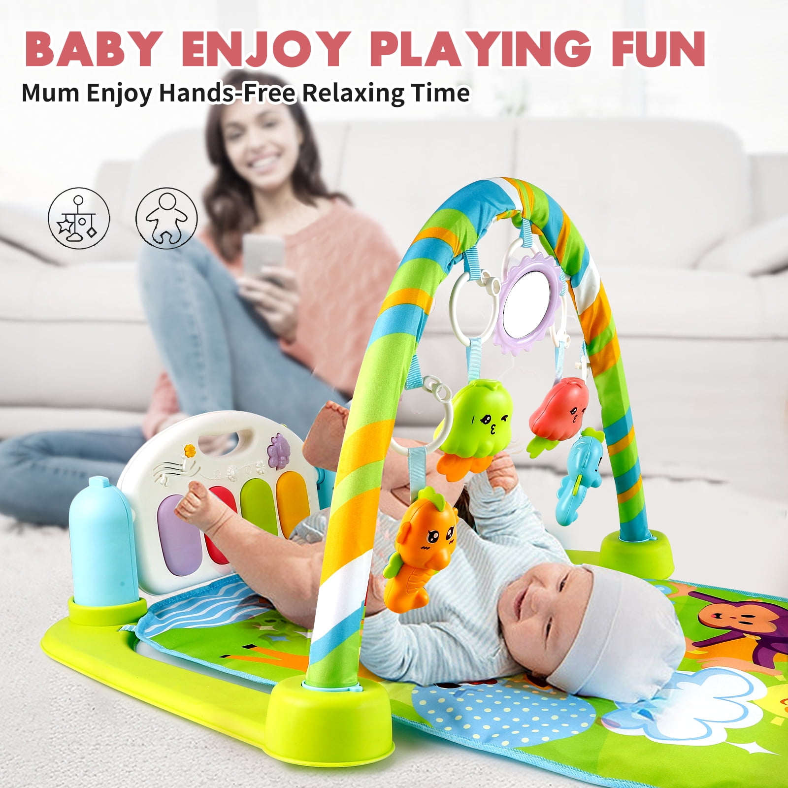 Baby Play Mat Baby Gym Funny Play Piano Tummy Time Baby Activity Gym Mat with 5 Infant Learning Sensory Baby Toys, Music and Lights Boy & Girl Gifts for Newborn Baby 0 to 3 6 9 12 Months