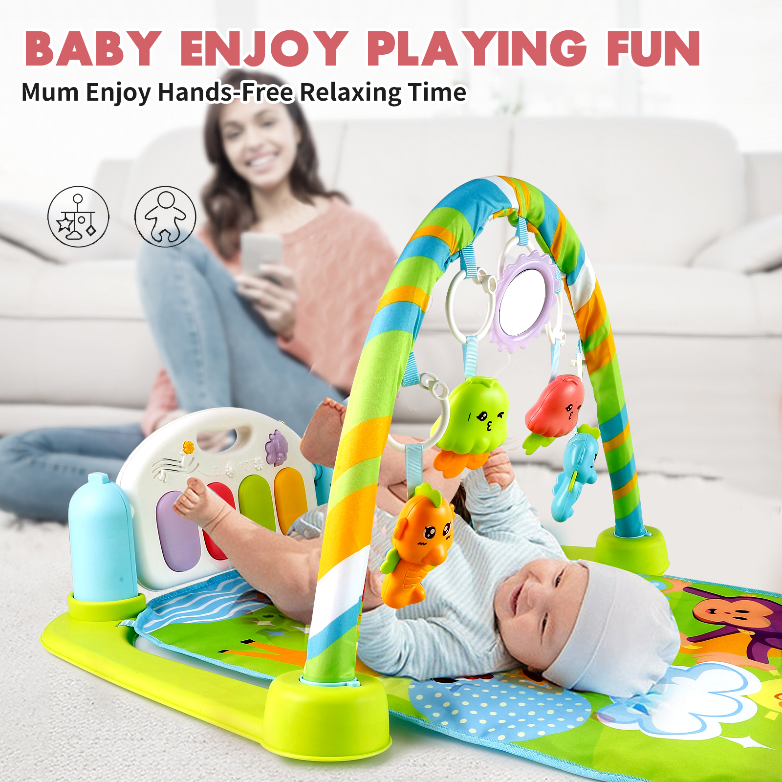 Baby Play Mat Baby Gym Funny Play Piano Tummy Time Baby Activity Gym Mat with 5 Infant Learning Sensory Baby Toys, Music and Lights Boy & Girl Gifts for Newborn Baby 0 to 3 6 9 12 Months - image 2 of 7