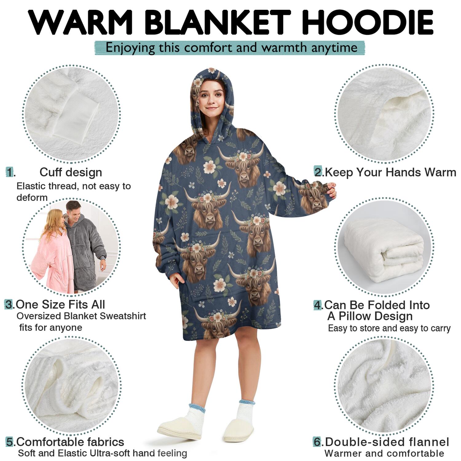 Blue Highland Cow Flower Pattern Wearable Oversized Blanket,Wearable Blanket Hoodie for Adults,Cozy Hooded Blankets with Super Pockets,Super Warm Fuzzy Pullover for Women & Men