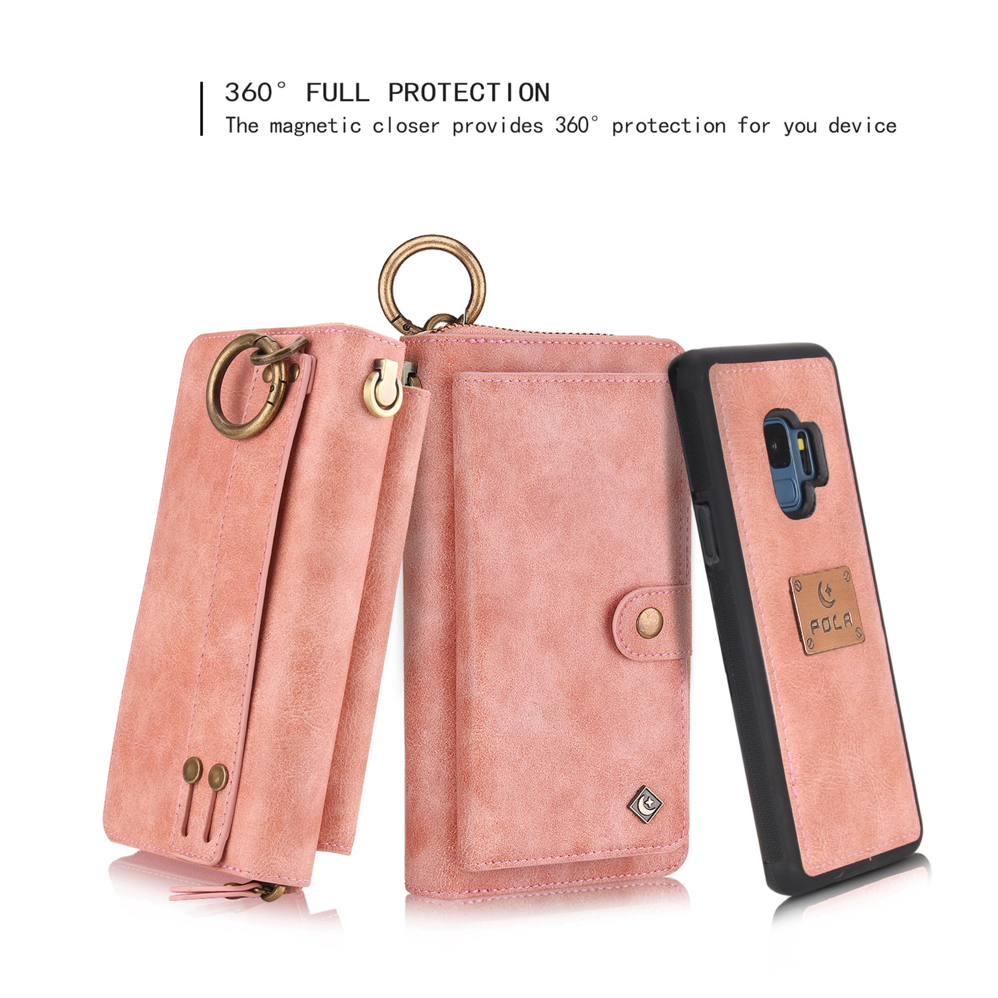 Galaxy S9 Wallet Detachable Case, Dteck [wrist band][14 Card Slots] Zipper Purse Phone Case Multi-functional Folio Flip PU Leather Removable Magnetic Back Cover For Samsung Galaxy S9,Pink