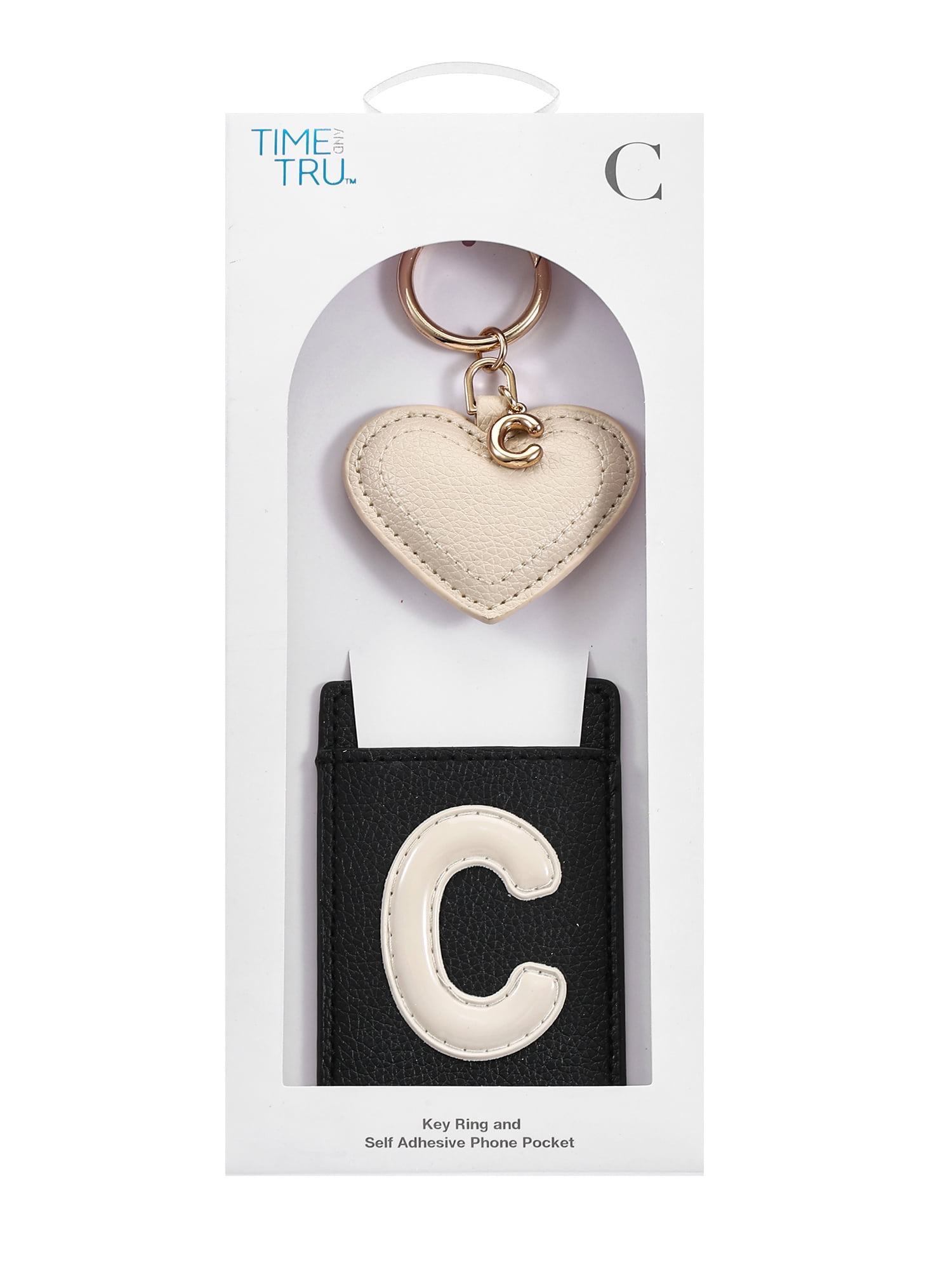 Time and Tru Goldtone and Faux Leather Heart-Shaped Keyring and Adhesive Phone Wallet, Initial Letter C, 2 Pieces, Black and Ivory
