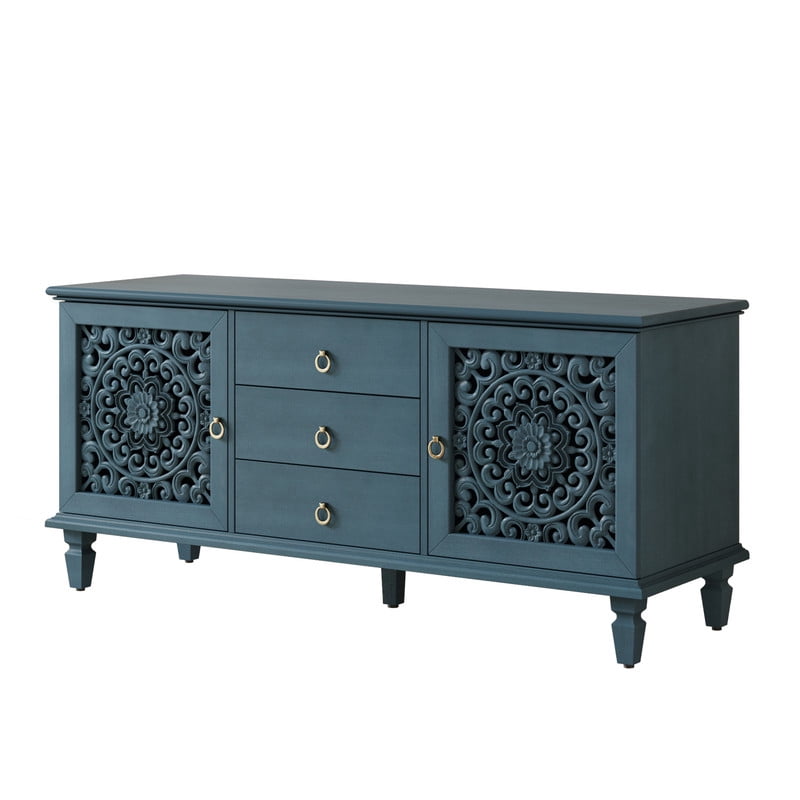 Vintage TV Stand with Carved Doors for 65'' TVs, Freestanding Storage Cabinet Media Console with Drawers & Adjustable Shelf