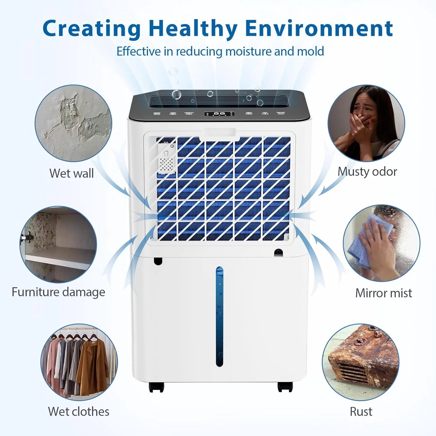 FreAire 50 pt 4500 sq ft Dehumidifier in White - Auto Manual Drain, 3 Operation Modes, 24 Hour Timer