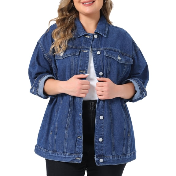 Agnes Orinda Women's Plus Size Denim Jacket Button Down Lapel Long Sleeve Coat Boyfriend Casual Jean Jackets 2X Dark Blue