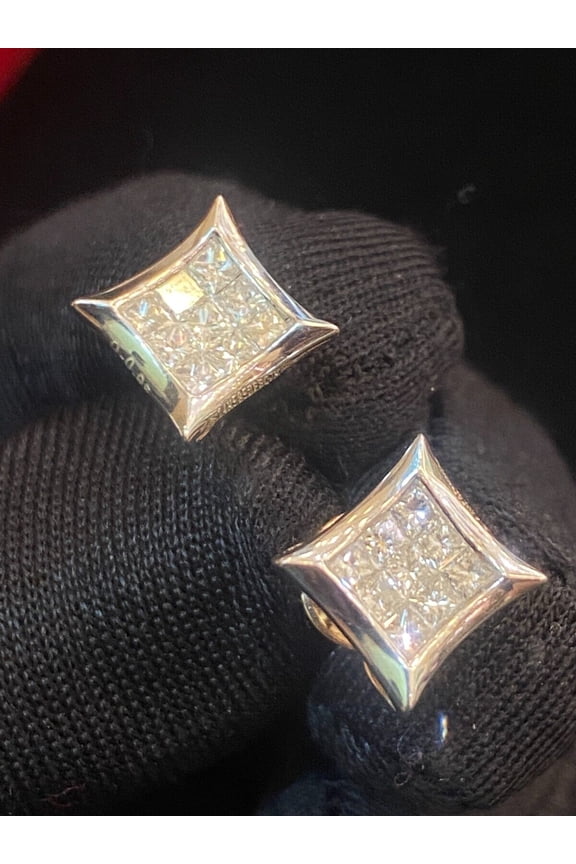 Pave 0.98 Cts Princess Cut Diamonds Unisex Hip Hop Stud Earrings In Hallmark 14K Multi-Tone Gold
