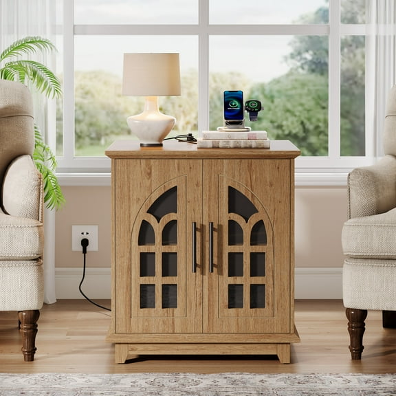 Finmind 23.6-Inch Farmhouse End Table with Outlet,  Large Sofa Side Table with Storage, Wooden Nightstand with Charging Station & LED Light, Square Bedside Furniture for Living Room, Bedroom, Brown