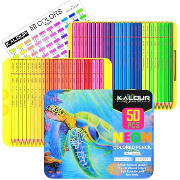 50 Neon Colored Pencils for Adult Coloring Books, Fluorescent colored Professional Drawing pencils Set Art Supplies Kit for Adults Beginners Artists, Soft Core$$Art & Craft