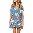 thumbnail image 1 of DYMADE Women Plus Size Short Sleeve Deep V Printed Ruffle Sexy Dress, 1 of 4