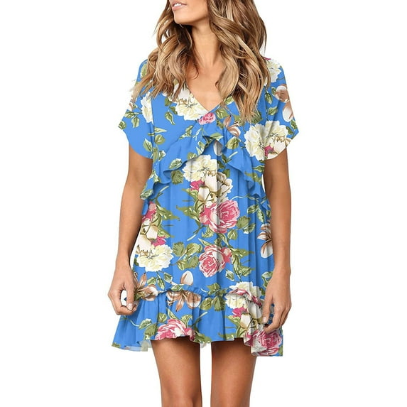 DYMADE Women Plus Size Short Sleeve Deep V Printed Ruffle Sexy Dress