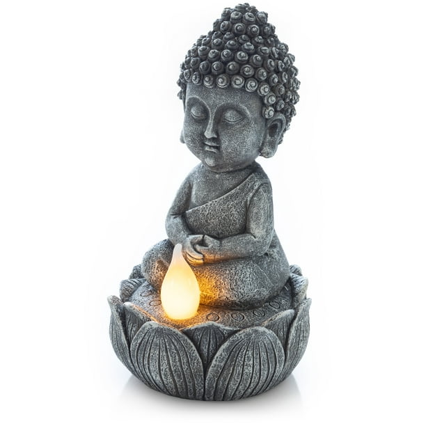 resin meditating buddha on column patio fountain with led light