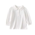 thumbnail image 3 of FASHOFT Toddler GirlShirts Long Sleeve Solid Button Ruffle Collar Polo Top Gentle School Style All Season Daily Formal Wear Toddler GirlFashion Tops White 2-3 Years, 3 of 5