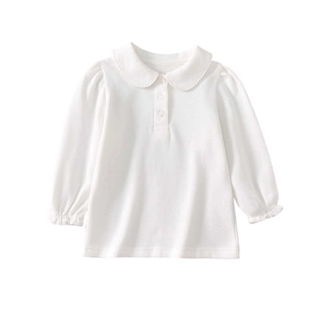 FINALGANG Girls Kids Solid Color Polo Shirt With Peter Pan Collar Ruffled Long Sleeves Casual Blouse For Playtime Daily Wear White 7-8 Years