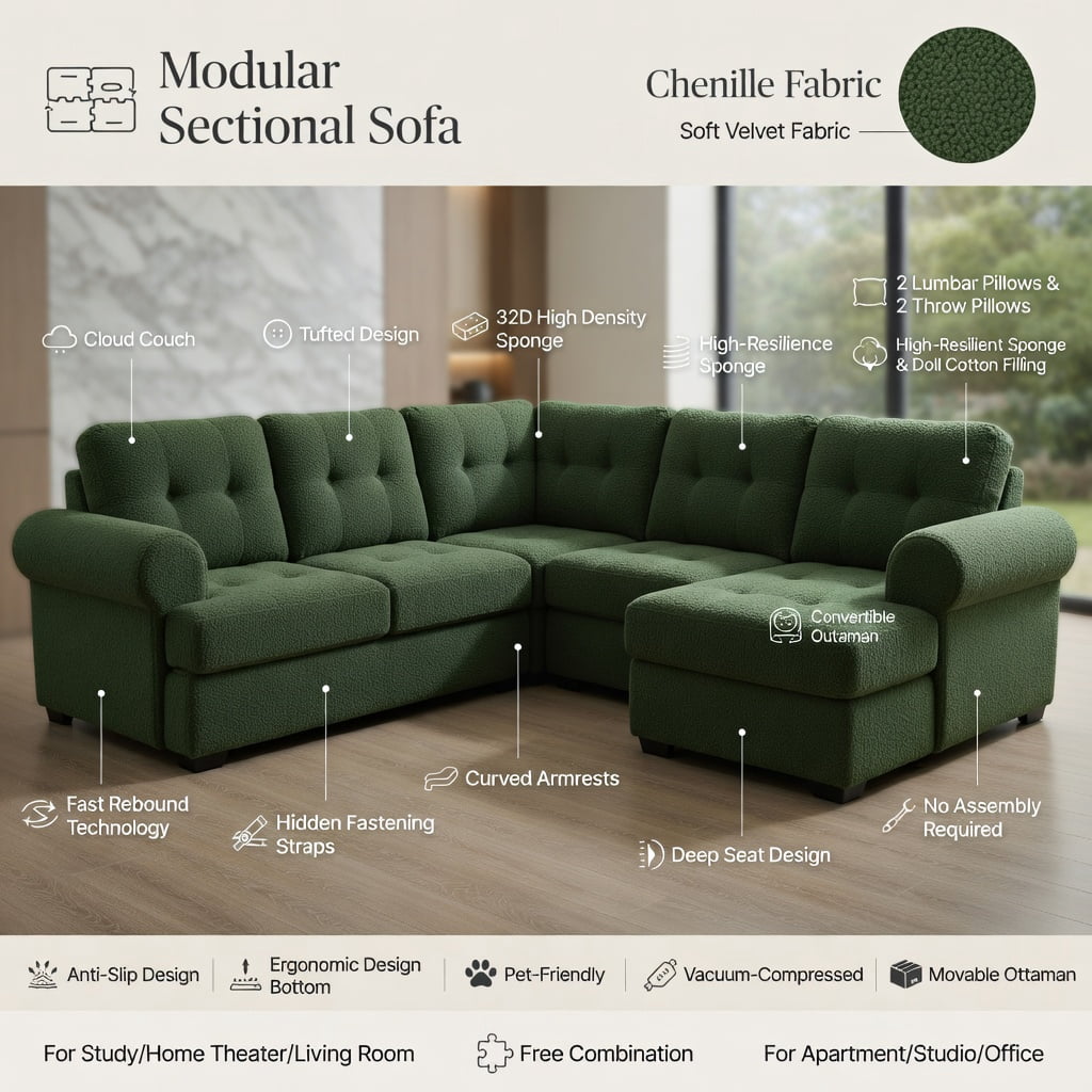 Hommoo Teddy Fleece Modular 3-Seat Sofa, Cloud-Like Comfort, Curved Backrest & Armrest, Double-Layer Cushioning, Lumbar Support Pillows, Green
