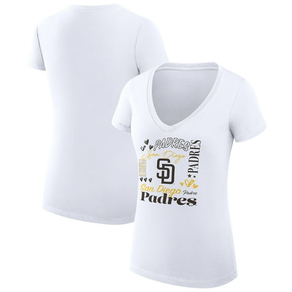 Women's G-III 4Her by Carl Banks White San Diego Padres Super-Slim Fit Lightweight Collage Team Graphic V-Neck T-Shirt