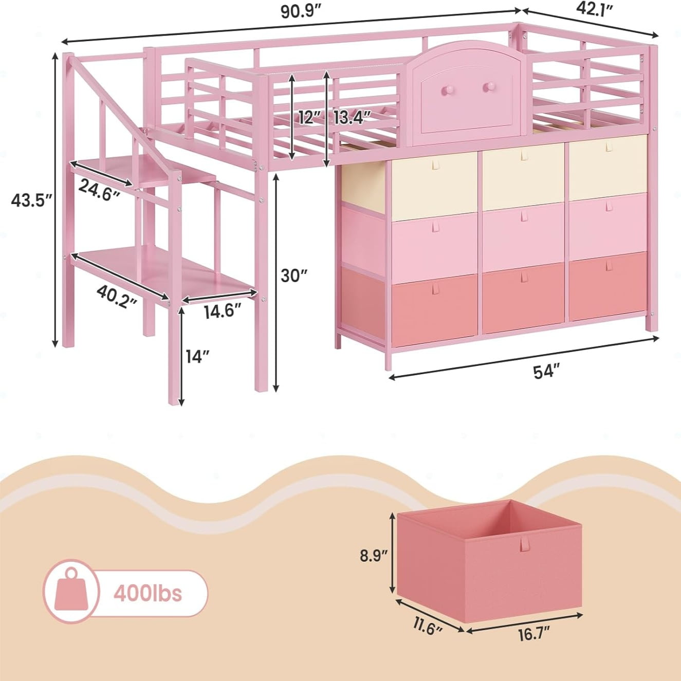 AOGLLATI Twin Size Low Loft Bed with 9 Storage Drawers and Under-Bed Hideaway, Metal Loft Bed with Storage Shelf and LED Lights Pink