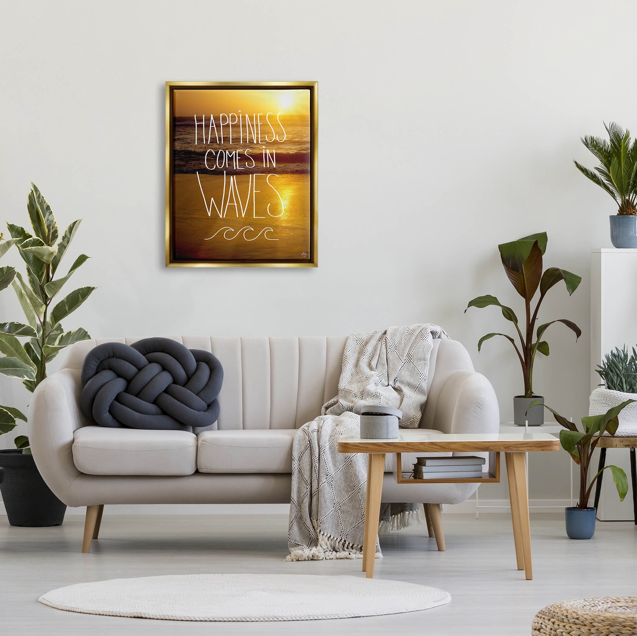 Stupell Industries Happiness Comes In Waves Phrase Graphic Art Metallic Gold Floating Framed Canvas Print Wall Art, Design by K. Kaufman