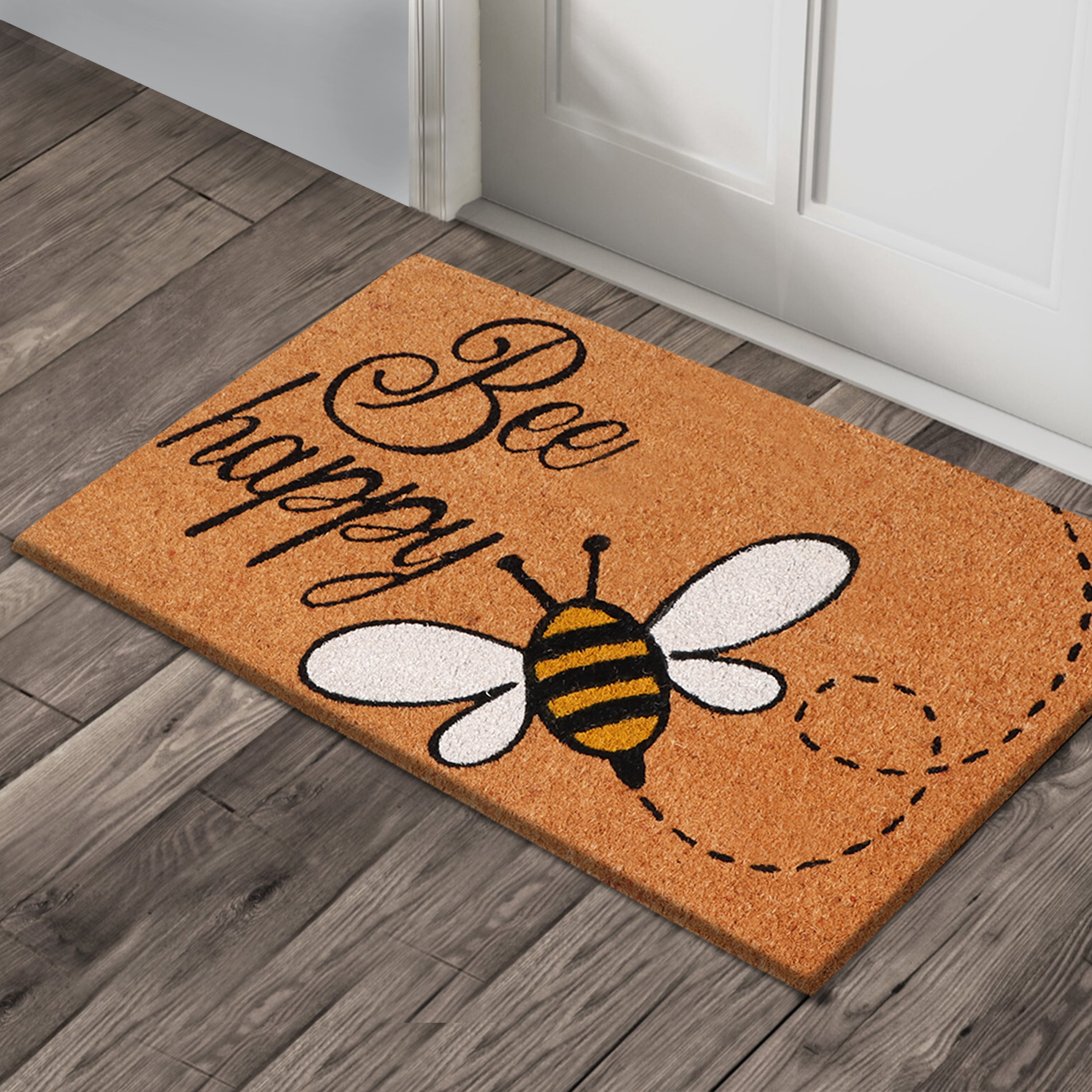 A1HC Natural Coco Coir Doormat, Bee Happy, 18"x30", Durable Outdoor Welcome Mat, Non-Slip, Easy to Clean, Pet Friendly