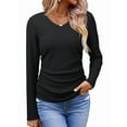 thumbnail image 3 of Womens Tops Casual V Neck Long Sleeve Shirts Solid Ruched Basic Tunics Blouses Black M, 3 of 7
