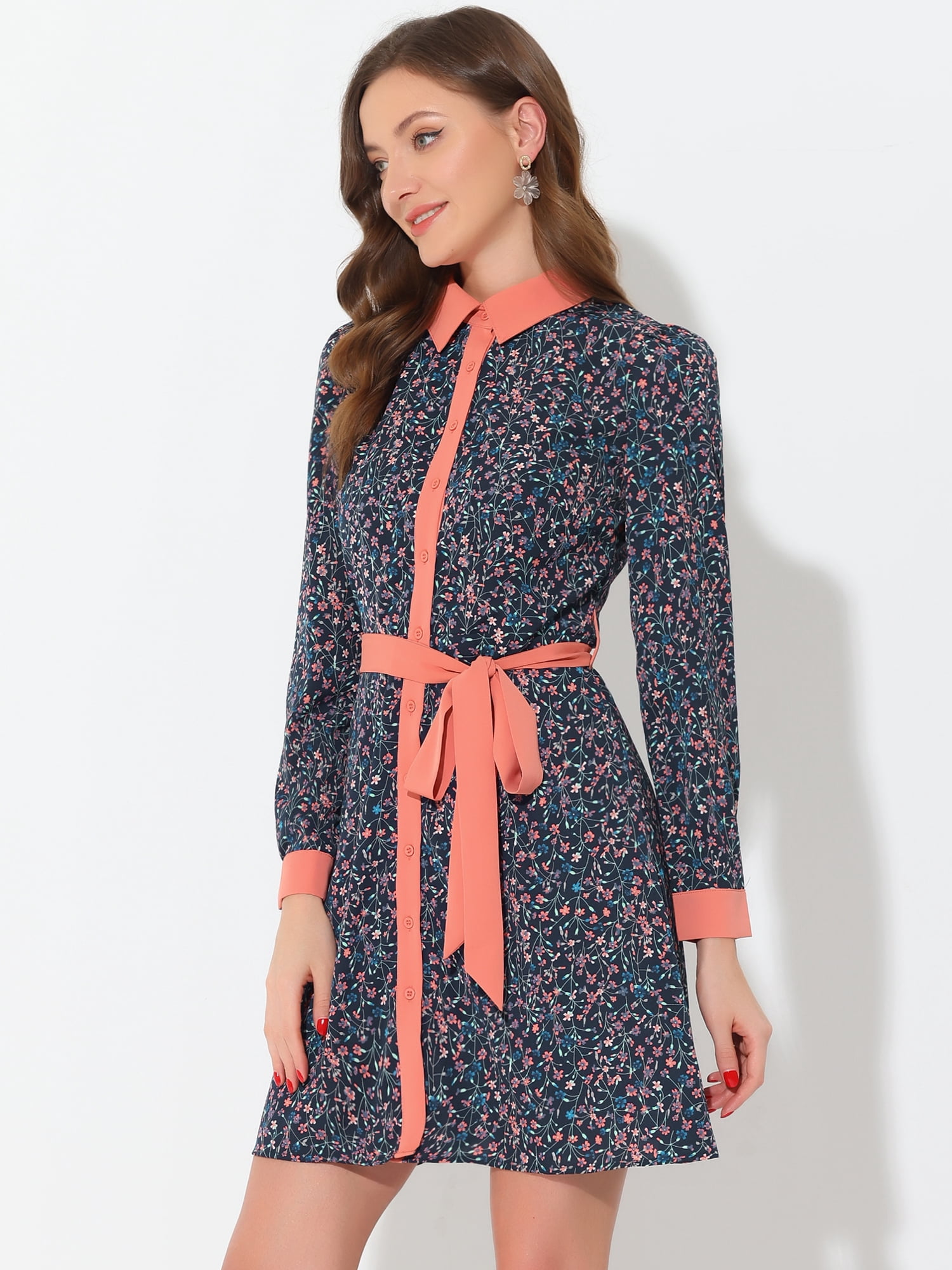 Unique Bargains Women's Contrast Collar Button Front Vintage Floral Shirt Dresses S Dark Blue