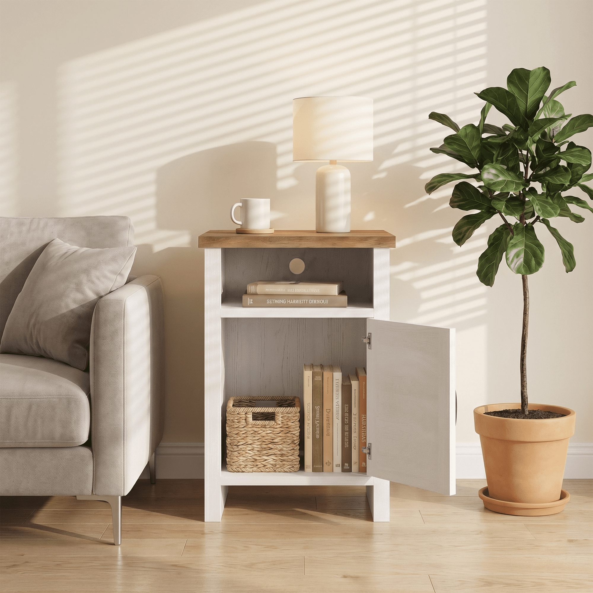 Furmax Farmhouse End Table, Nightstand with Barn Door and Shelf, Side Table for Living Room Bedroom, White