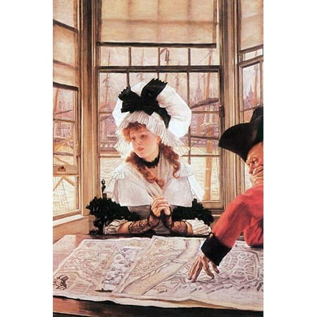 A colonial man places his hand on a city map which is spread on the table A young girl in a bonnet clasps her hands as she looks over his recounting some story Poster Print by James