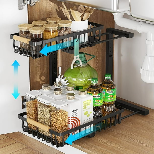 Organizador debajo del fregadero, organizadores y almacenamiento de metal de 2 niveles debajo del fregadero, organizador de gabinete extraíble deslizable de altura ajustable para cocina y baño