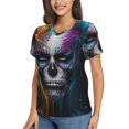 thumbnail image 2 of Vsdgher Modern Abstract Colorful Skull Women Shirts V Neck Short Sleeve Tops T-Shirt Basic Tees, S to 3XLXX-Large, 2 of 5